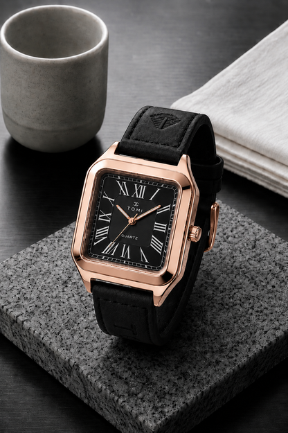 TOMI Classic Square Roman Numeral Quartz Watch – Vintage Leather Strap