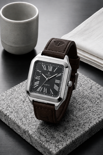 TOMI Classic Square Roman Numeral Quartz Watch – Vintage Leather Strap