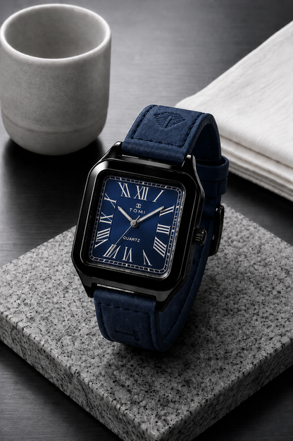 TOMI Classic Square Roman Numeral Quartz Watch – Vintage Leather Strap
