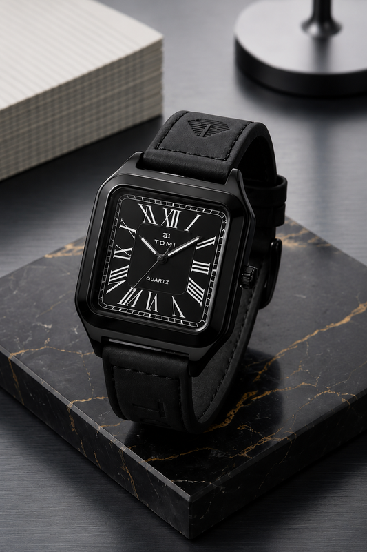 TOMI Classic Square Roman Numeral Quartz Watch – Vintage Leather Strap