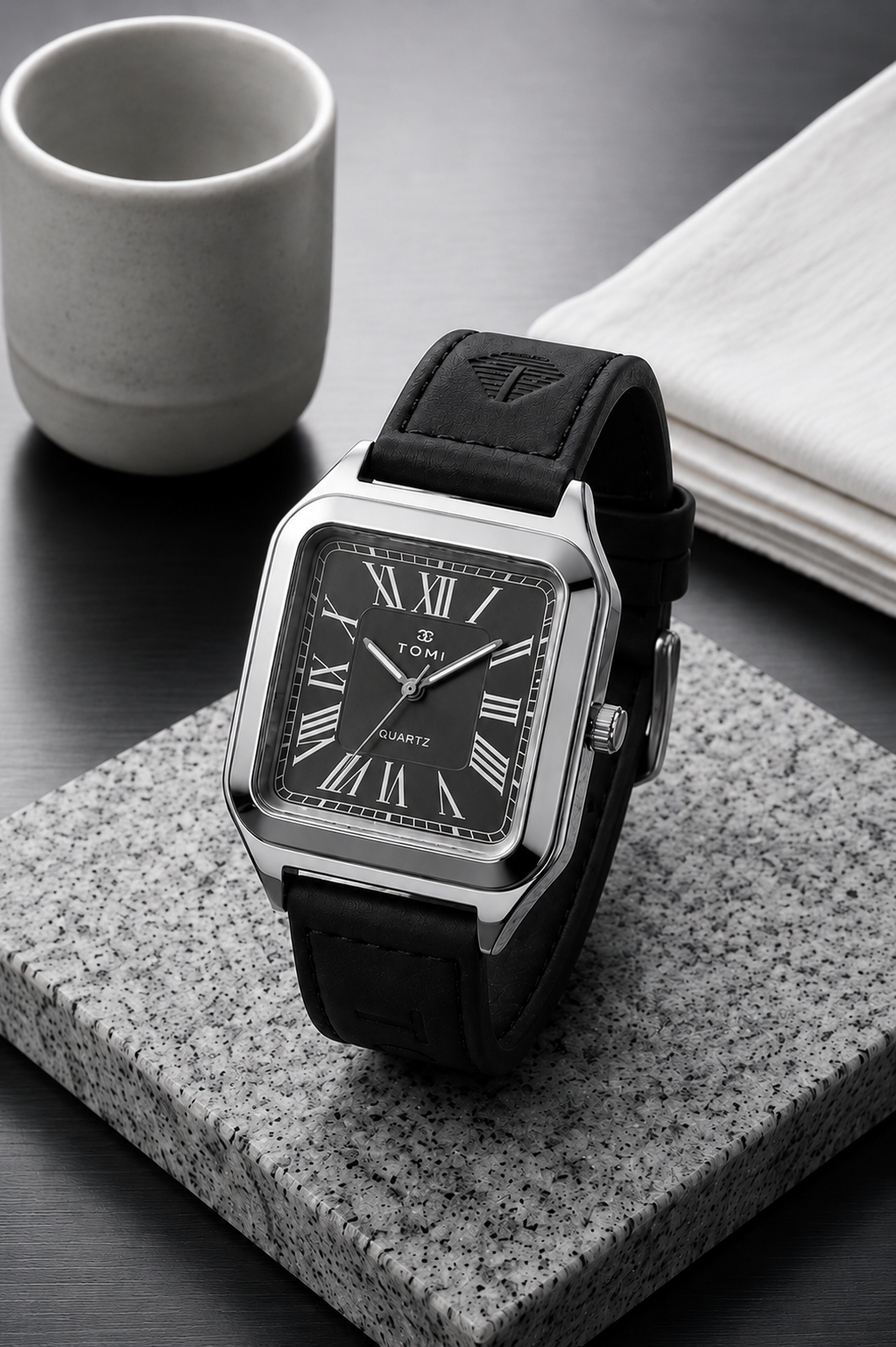 TOMI Classic Square Roman Numeral Quartz Watch – Vintage Leather Strap