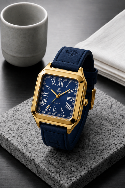 TOMI Classic Square Roman Numeral Quartz Watch – Vintage Leather Strap