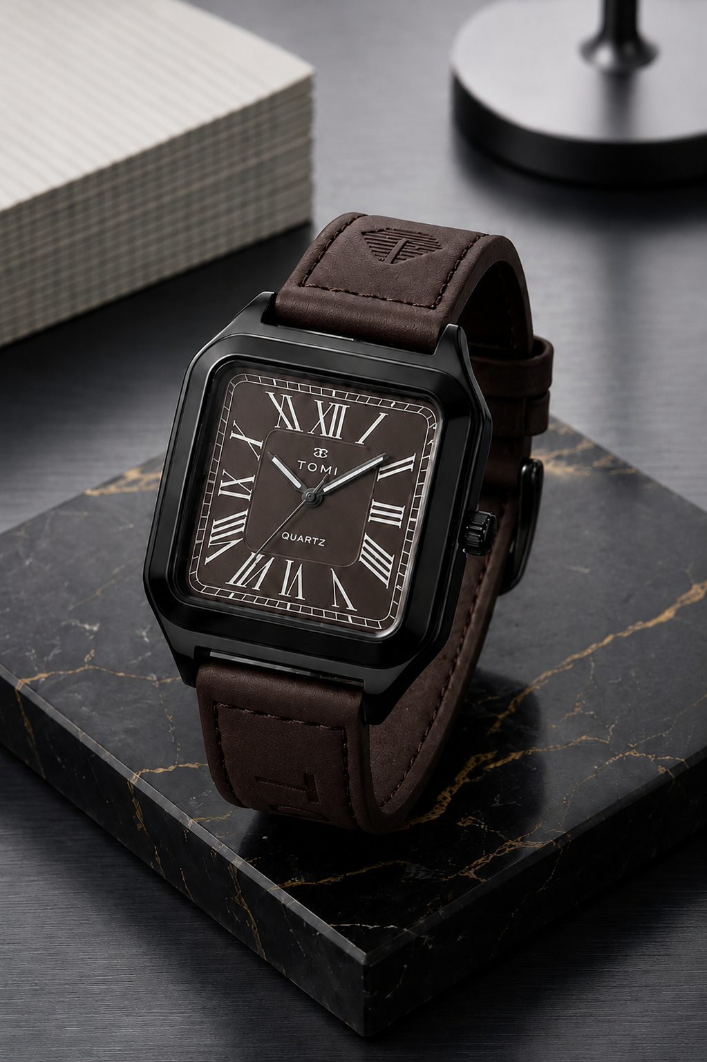 TOMI Classic Square Roman Numeral Quartz Watch – Vintage Leather Strap