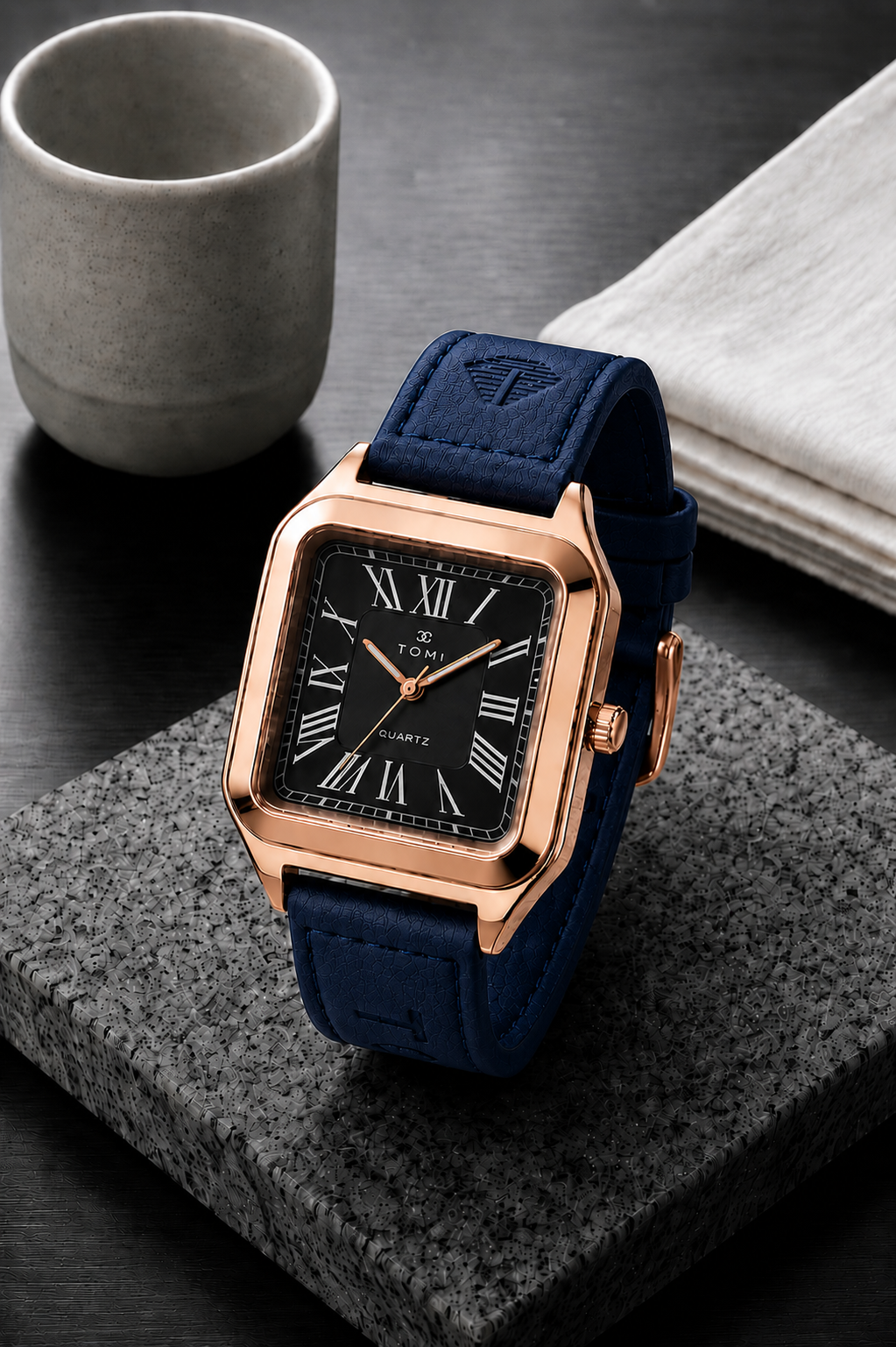 TOMI Classic Square Roman Numeral Quartz Watch – Vintage Leather Strap