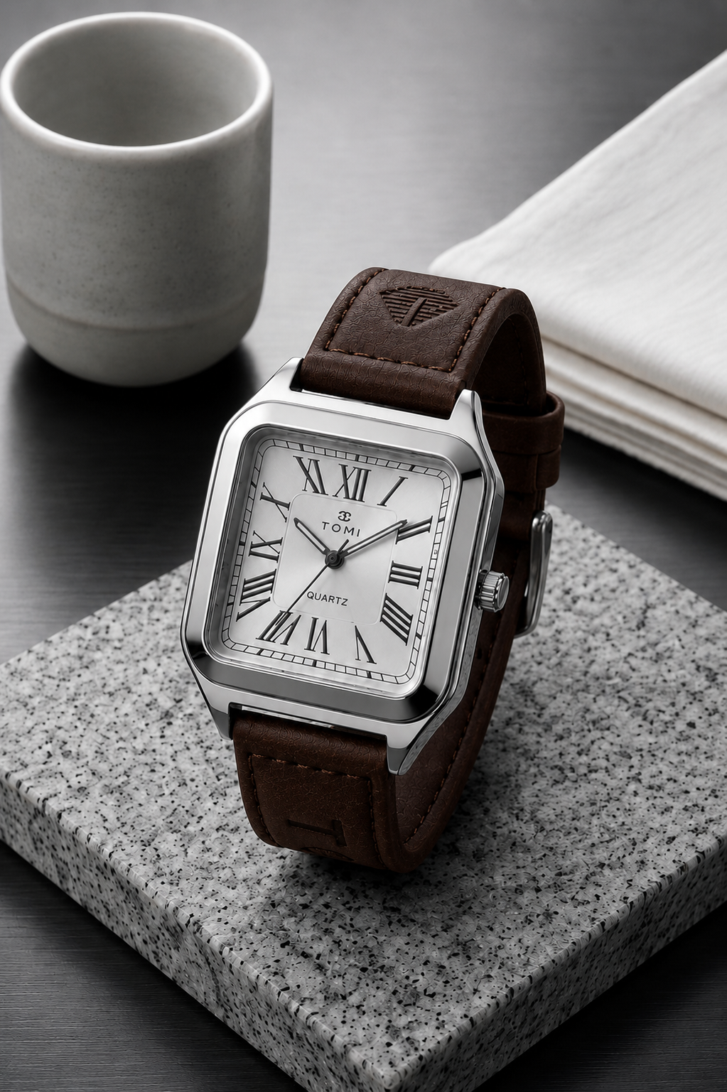 TOMI Classic Square Roman Numeral Quartz Watch – Vintage Leather Strap