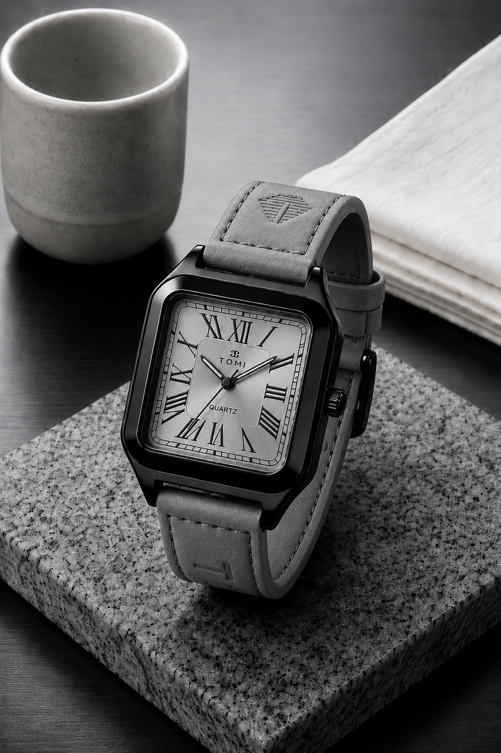 TOMI Classic Square Roman Numeral Quartz Watch – Vintage Leather Strap