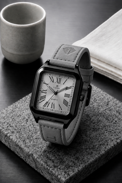 TOMI Classic Square Roman Numeral Quartz Watch – Vintage Leather Strap